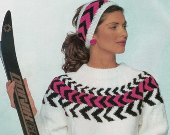 Ladies and Mens Bold Pattern Nordic Style Fair Isle Sweater with Matching Headband, Vintage Knitting Pattern, PDF, Digital Download - B967