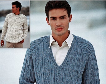 Mens Textured Sweater with Round or V Neck, Vintage Knitting Pattern, PDF, Digital Download - C933