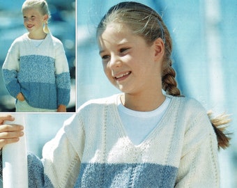 May include: A knitted V-neck sweater in three shades of blue and white. The top section is white, the middle section is light blue, and the bottom is a darker blue. The sweater has long sleeves and a textured knit pattern.