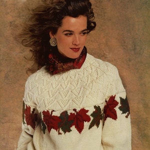 Ladies Gorgeous Sweater with Row of Autumn Leaves and Aran Yoke, Vintage Knitting Pattern, PDF, Digital Download - B975