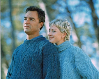Ladies and Mens Traditional Aran Sweater with Crew or Roll Neck, Vintage Knitting Pattern,  PDF, Digital Download - C331
