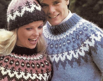 Ladies and Mens Traditional Nordic Fair Isle Sweater with Matching Hat, Vintage Knitting Pattern, PDF, Digital Download - B836
