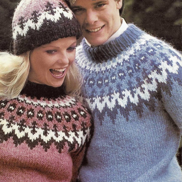 Pull Fair Isle traditionnel nordique pour dames et hommes avec chapeau assorti, modèle de tricot vintage, PDF, téléchargement numérique - B836