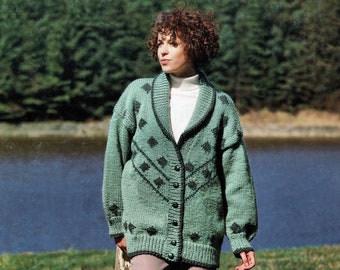 Ladies Lovely Chunky Knit Cardigan with Shawl Collar, Vintage Knitting Pattern, PDF, Digital Download - C697