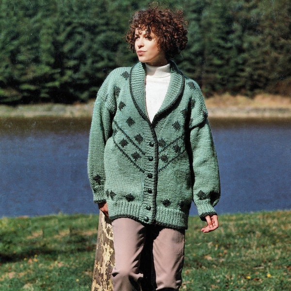 Ladies Lovely Chunky Knit Cardigan with Shawl Collar, Vintage Knitting Pattern, PDF, Digital Download - C697