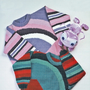 Childrens Geometric Patterned Sweater with Striped Sleeves, Vintage Knitting Pattern, PDF, Digital Download - C545