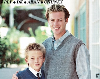 Mens and Boys Classic &quot;Easy Knit&quot; V-Neck Slipover in Four Yarn Weights, Vintage Knitting Pattern, PDF, Digital Download - C512