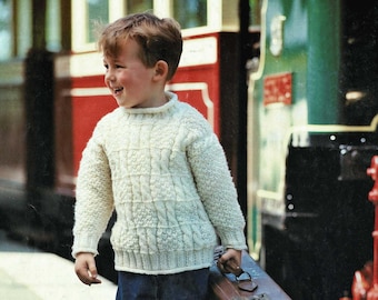 Casual Aran-trui met kabelpatroon voor peuters en kinderen, vintage breipatroon, PDF, digitale download - C241