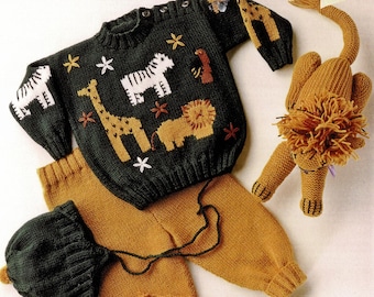 Toddlers Cute Jungle Animal Sweater with Matching Leggings, Helmet and Boots, Vintage Knitting Pattern, PDF, Digital Download - A617