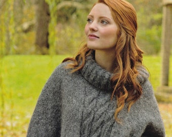 Dames Aran kabelponcho met rolkraag, vintage breipatroon, PDF, digitale download - D667