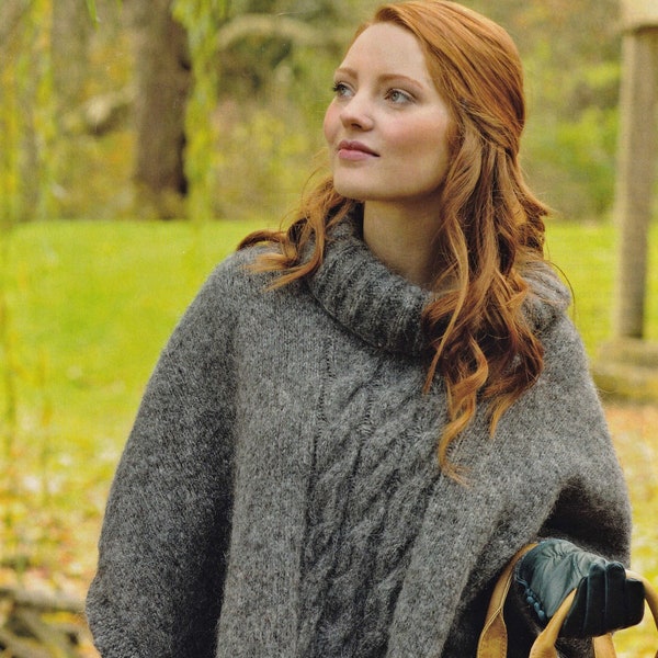 Ladies Aran Cable Poncho with Roll Collar, Vintage Knitting Pattern, PDF, Digital Download - D667