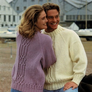 Ladies and Mens Aran Sweater with Round Neck and Raglan Sleeves, Vintage Knitting Pattern, PDF, Digital Download - A775