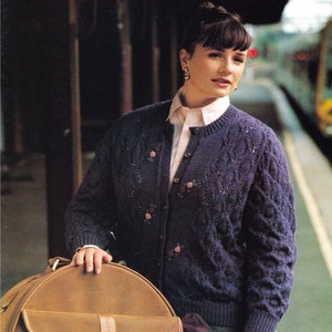 Ladies Lovely Plus Size Round Neck Cardigan with Embroidered Flowers, Vintage Knitting Pattern, PDF, Digital Download - D428