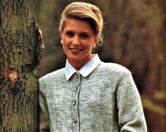 Ladies Classic Round Neck Cardigan with Raglan Sleeves in 4 Different Yarns, Vintage Knitting Pattern, PDF, Digital Download - B576