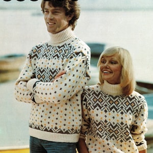 Ladies and Mens Fabulous Fair Isle Sweaters with Polo Neck, Vintage Knitting Pattern, PDF, Digital Download - C552