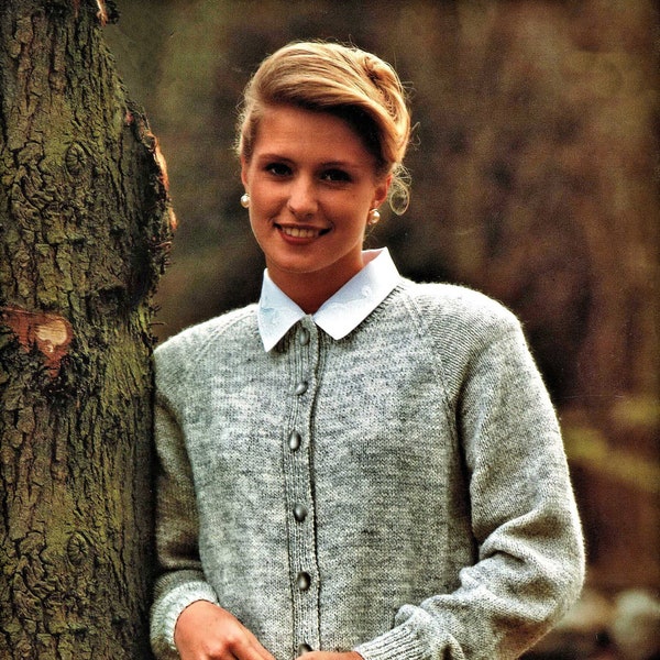 Ladies Classic Round Neck Cardigan with Raglan Sleeves in 4 Different Yarns, Vintage Knitting Pattern, PDF, Digital Download - B576