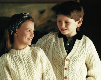 Childrens and Toddlers Traditional Aran Sweater with Round Neck and V-Neck Cardigan, Vintage Knitting Pattern, PDF, Digital Download - A346