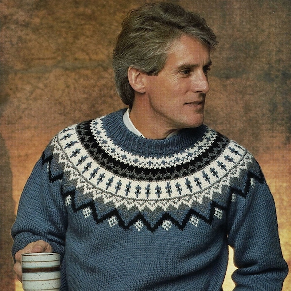 Mens Traditional Nordic Fair Isle Sweater with Crew Neck, Vintage Knitting Pattern, PDF, Digital Download - B971