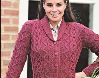 Ladies Lovely Aran Look Jacket with Shawl Collar, Vintage Knitting Pattern, PDF, Digital Download - D572