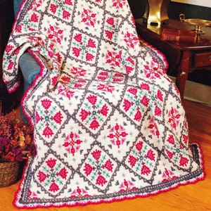 Gorgeous Floral Cross-Stitch Afghan in Aran, Vintage Crochet Pattern, PDF, Digital Download - D348