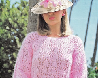 Ladies Pretty Chunky Knit Lacy Sweater, Vintage Knitting Pattern, PDF, Digital Download - D245