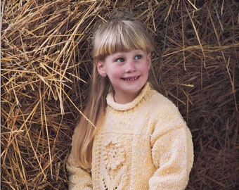 Toddlers and Girls Chunky Roll Neck Tunic Style Sweater with Large Flower Motif, Vintage Knitting Pattern, PDF, Digital Download - C770