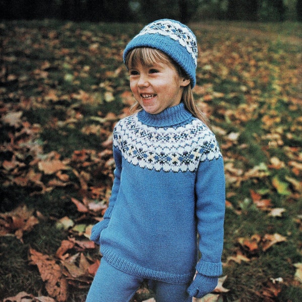 Mädchen Shetland Fair Isle Pullover und Mütze mit schlichten Handschuhen und Hosen, Vintage Strickmuster, PDF, digitaler Download - C520