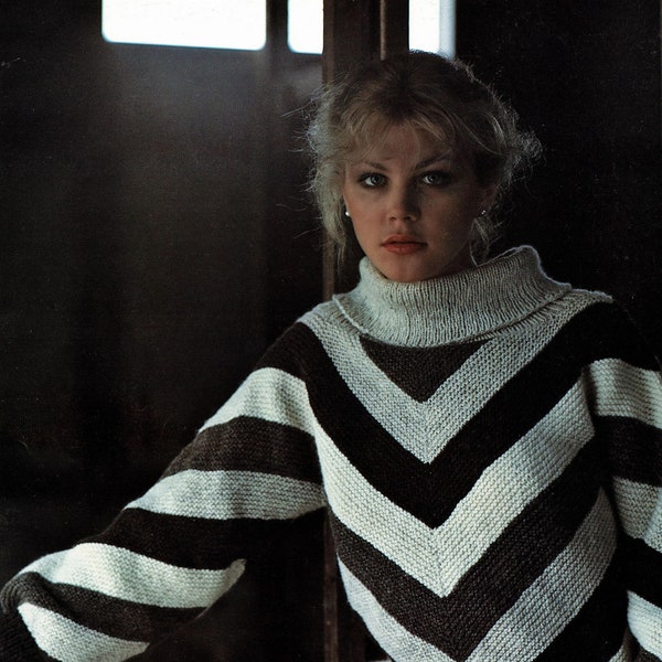 Ladies V Striped Garter Stitch Sweater with Dolman Sleeves and Cowl Neck, Vintage Knitting Pattern, PDF, Digital Download - A322