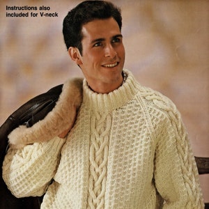 Mens and Youths Smart Aran Sweater with Choice of Round or V-Neck, Vintage Knitting Pattern, PDF, Digital Download - C780