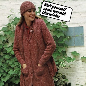 May include: A woman wearing a long, burgundy knitted cardigan with a matching scarf and a burgundy knit hat. The cardigan has pockets and a fringe detail. The text "Knit yourself some warmth this winter" is in a white speech bubble.