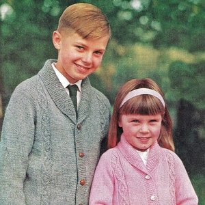 Childrens Cosy Shawl Collar Cardigan in Two Yarn Weights, Vintage Knitting Pattern, PDF, Digital Download - D207