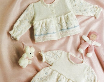 Babies Pretty Lace Patterned Dress and Matching Jacket with Embroidered Flowers, Vintage Knitting Pattern, PDF,  Digital Download - B351
