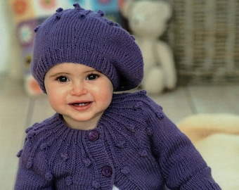 Babies, Toddlers and Girls Cute Cardigan with Bobble Yoke and Matching Beret, Vintage Knitting Pattern, PDF, Digital Download - B803