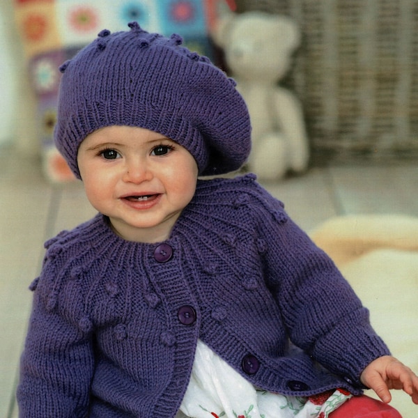 Babies, Toddlers and Girls Cute Cardigan with Bobble Yoke and Matching Beret, Vintage Knitting Pattern, PDF, Digital Download - B803