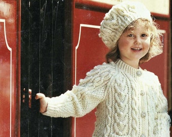 Toddlers and Girls Aran Jacket with Matching Beret, Vintage Knitting Pattern, PDF, Digital Download - C236