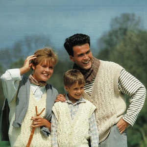 Classic Aran V-Neck Waistcoats and Vests for all the Family, Vintage Knitting Pattern, PDF, Digital Download - B991