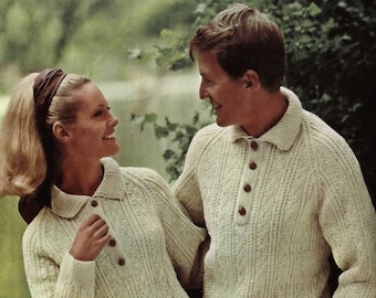 Vintage Knitting Pattern C140 Ladies and Mens Easy Knit Aran Shirt Neck Sweater with Raglan Sleeves PDF Digital Download