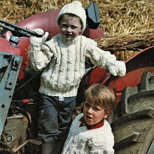 Childrens Great Round and V Neck Aran Sweaters with Matching Hat and Mittens, Vintage Knitting Pattern, PDF, Digital Download - A842