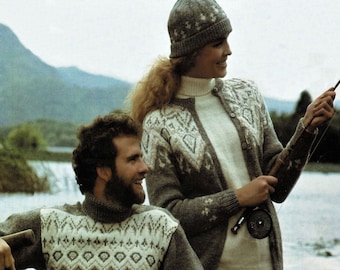 Ladies and Mens Traditional Nordic Fair Isle Cardigan, Sweater and Matching Hat, Vintage Knitting Pattern, PDF, Digital Download - B220