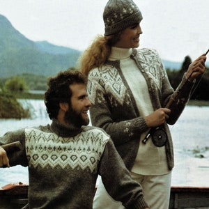 Ladies and Mens Traditional Nordic Fair Isle Cardigan, Sweater and Matching Hat, Vintage Knitting Pattern, PDF, Digital Download - B220