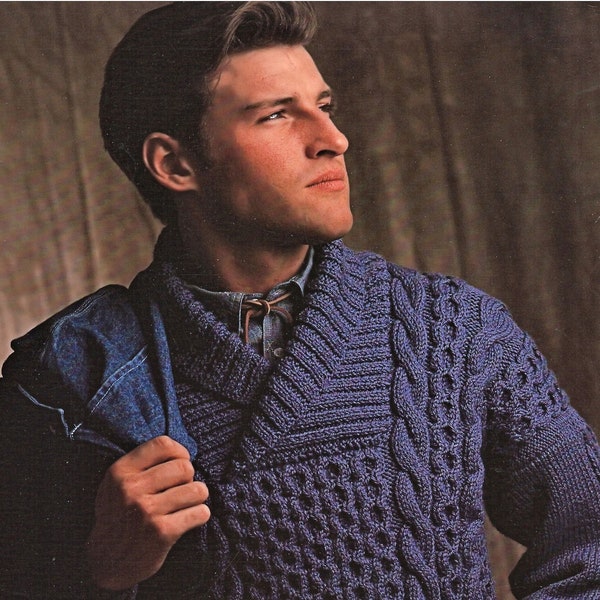 Ladies and Mens Aran Sweater with Choice of Round or Cross-Over Necklines, Vintage Knitting Pattern, PDF, Digital Download - A312