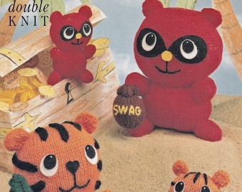 Cute Knitted Racoon and Tiger Soft Toys, Vintage Knitting Pattern, PDF, Digital Download - C361