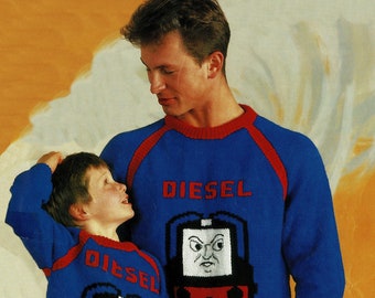 Childrens and Adults Diesel The Engine Sweater, Vintage Knitting Pattern, PDF, Digital Download - C611