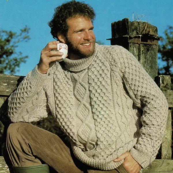 Mens Classic Aran Sweater with Raglan Sleeves and Roll Neck, Vintage Knitting Pattern, PDF, Digital Download - B825