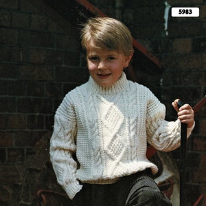 Childrens Traditional Crew Neck Aran Sweater, Vintage Knitting Pattern, PDF, Digital Download - A338