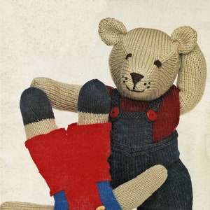 May include: Two knitted teddy bears wearing overalls. The bear on the left is upside down and the bear on the right is standing upright. Both bears are wearing red and blue overalls with buttons.