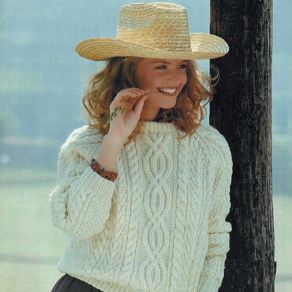 Ladies Classic Crew Neck Aran Sweater with Raglan Sleeves, Vintage Knitting Pattern, PDF, Digital Download - B952