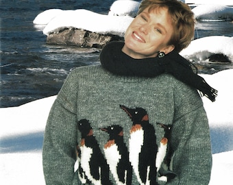 Ladies Wonderful Bulky Knit Sweater with Penguins on Front and Back, Vintage Knitting Pattern, PDF, Digital Download - B174