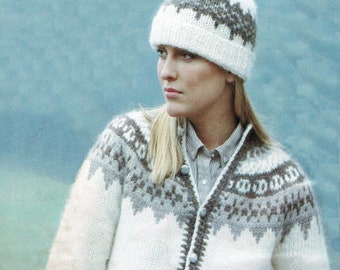 Ladies and Mens Traditional Nordic Fair Isle Jacket and Matching Hat, Vintage Knitting Pattern, PDF, Digital Download - B118