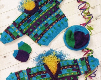 Cardigan e maglione a righe per neonati e bambini piccoli con cappellino e guantini, modello vintage per maglieria, PDF, download digitale - B258